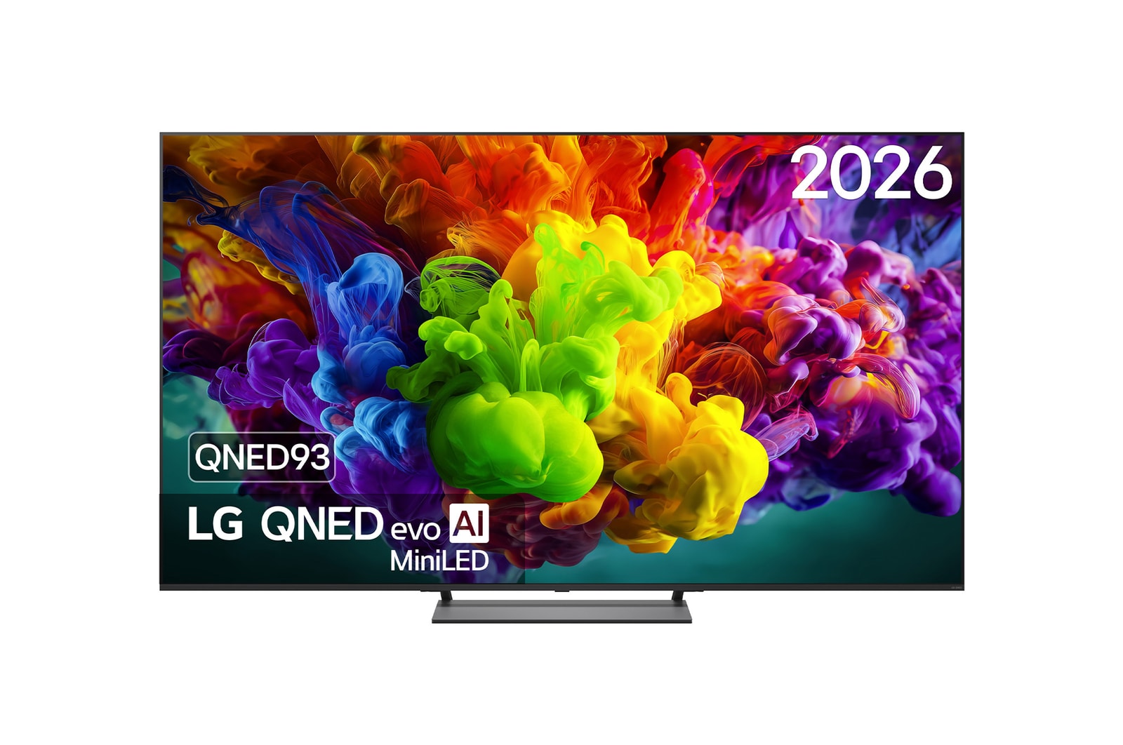Vooraanzicht van 85 inch LG QNED evo AI QNED93 Mini LED 4K Smart TV 2026 85QNED93B6A